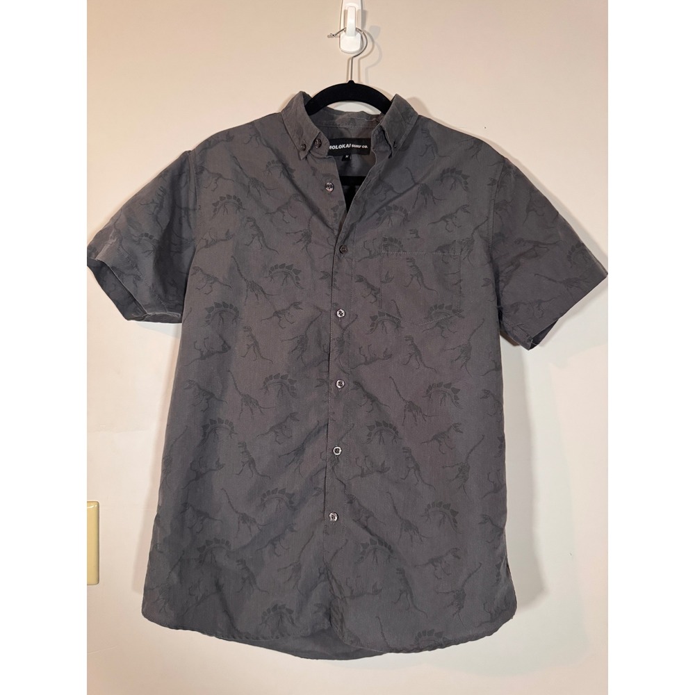 Molokai Surf Co Mens Dinosaur Skeleton Print Button Down Shirt Grey Medium
